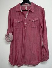 Mountain Khakis Womens Long Roll Tab Sleeve 1/4 Button Tunic Shirt Size M Red