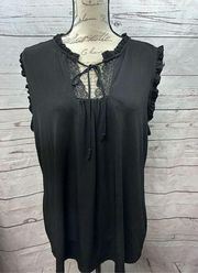 NY Collection XL black sleeveless blouse with tie in front and ruffles around sl
