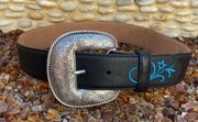 Women’s Tony Lama Teal Blue & Black Leather Prairie Floral Belt Size 30. NWT