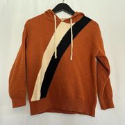 Long Sleeve Hooded Knit Sweater Burnt Orange Cream and Black Size small