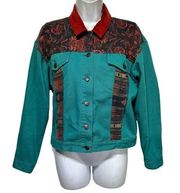 carole little Vintage 80s Teal tribal Tapestry panels Denim Jean Jacket