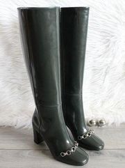 Longchamp Runway Dark Green Patent Leather Ball & Chain Knee-High Tall Boots