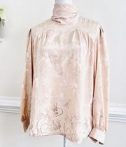 Jean De Pierre Light Pink Satin Floral Embossed Tie Neck Long Sleeve Blouse ~ 14