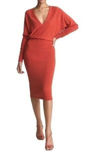 Reiss Jenna Knit Bodycon Dress Orange Size XL Ruched Sleeves Wool Cashmere Blend