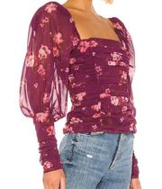 LPA Marta Top in Red and Pink Jolene Floral with Puff Sleeves, M