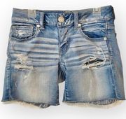 American Eagle Super Super Stretch Midi Jean Denim Shorts Size 0 Distressed Ripped Blue