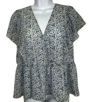 MADEWELL  Georgette Ruffle-Sleeve Peplum Top Blue & White EUC Size Medium