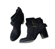 American Eagle Black Suede Buckle Block Heel Ankle Boots