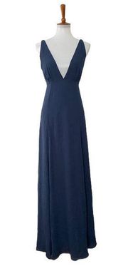 Wayf Womens The Kiara Empire Plunge Neck Gown Sleeveless Maxi Blue XS