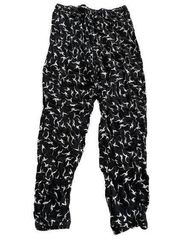 Uniqlo Pants Women Small Black White Bird Print Drawstring Waist Loose Leg Rayon