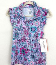 X By Gottex Women's Golf Tennis Sleeveless Polo Shirt Top Purple Flower Size XS