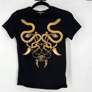 Roberto Cavalli Women's Jeweled Snake Chain Graphic T-Shirt Black Gold Size XS