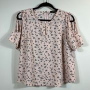 Atmosphere Blush Pink Bird Print Keyhole Cutout Sleeve Women Shirt Top Size 8