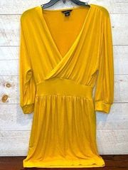 MODA INTERNATIONAL Women’s Mustard Yellow V-Neck Faux Wrap Poet Sleeve Dress