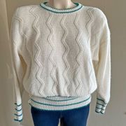 VINTAGE cream varsity striped cable knit angora lambswool blend sweater