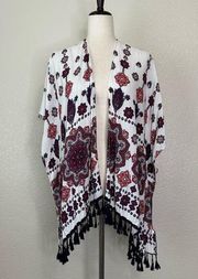 Coco + Carmen Boho White Printed Tassel Open Front Kimono