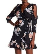 NEW Romeo & Juliet Couture Black Floral Faux Wrap Mini Dress S Cold Shoulder