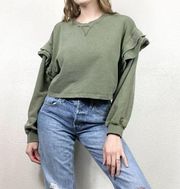 7 For All Mankind Green Ruffled Shoulder Cropped Sweatshirt