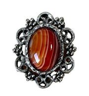 Agate Pendant, Vintage Pendant Necklace, Silvertone Red Agate Pendant