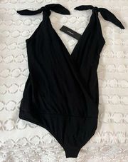 Lulus UNWORN  Cross Black Bodysuit with shoulder ties that can be adjusted!