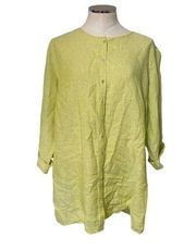 Tahari Linen Roll Tab Sleeve Button Down Lagenlook Top in Neon Lime Green Sz 1X