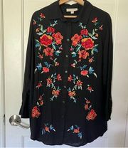 WOMAN Within floral embroidered long sleeve button down blouse size 14/16 M