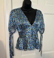 TopShop Blue Green and Black Floral Peplum Top Size 10 NWT