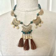 Cato 1946 Gold tone blue beaded tassel statement necklace