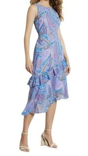 Sam Edelman Asymmetrical Paisley Ruffle Midi Dress 8 New