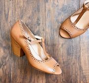 Miz Mooz • Phoebe heels t-strap pump tan Tobacco leather retro vintage peep toe