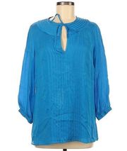 Shoshanna 6 Silk Blouse Blue Tie Neck Pleated Front 3/4 Sleeve Women’s