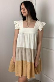 AURA Colorblock Gauzy Square Neck Frill Sleeve Dress