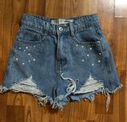 Denim & Co Studded & Pearl Distressed Jean Shorts