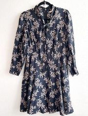 Rebecca Taylor Dress 100% Silk Long Sleeves Tie Neck Navy & Pink Floral Sz 6 EUC