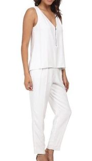 Trina Turk Banning White Crepe Jumpsuit V Neck Zipper Sleeveless White Size 6