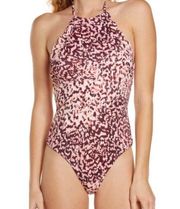 Chelsea 28 High Neck Scalloped Edge One-Piece Swimsuit Size L Reg. $89. 
Ties at