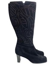 new Chico’s 𑁍 Italia Tall Suede Embroidery Heeled Boot Boots 𑁍 Black 𑁍 Size 6