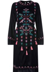 NEW  Bertie Bird Midi Dress 6 Black Velvet Embroidered Belted Long Sleeve