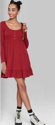 Women's Long Sleeve Waffle Knit Babydoll Dress -  Red XXL