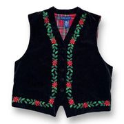 Vintage Karen Scott Vest Black Velvet Red Green Holiday Poinsettias Embroidery