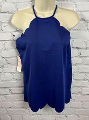 Hudson Gray Scalloped-Edge Navy Halter Tank Top Stretch Round Neckline S NWT