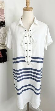 Rails Rocky Riviera Stripe Lace-up Linen-Blend Tunic Dress White/Blue Size M