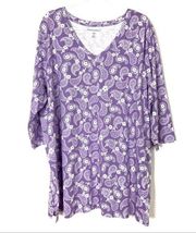 Woman Within | Purple White Paisley Printed Short Sleeve V-Neck Tee