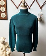 Teal Pima Cotton Knit Turtleneck Sweater Small