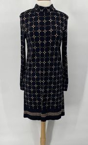 Tory Burch Mini Dress Mock Neck Geometric Arrows Windowpane Pattern Black Small