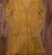 Altar'd State Tabatha Mustard Yellow Lace Long Sleeve Mini Dress Size S