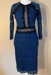 Socialite Dark Teal Blue Black Lace Semi Sheer 3/4 Sleeve Dress XS