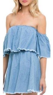 Elan Off -Shoulder Blue Ruffle -Layer Raw Edge Off-Shoulder Mini Dress