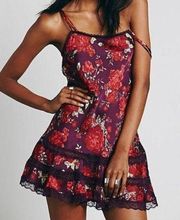 Intimately Free People Slip Dress S Ruffle Row Satin Lace Floral Plum Combo Boho