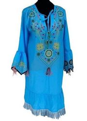 Misslook Womens Bell Sleeve Boho Tassel Ruffle Fringe Hem Dress Blue XL NWOT